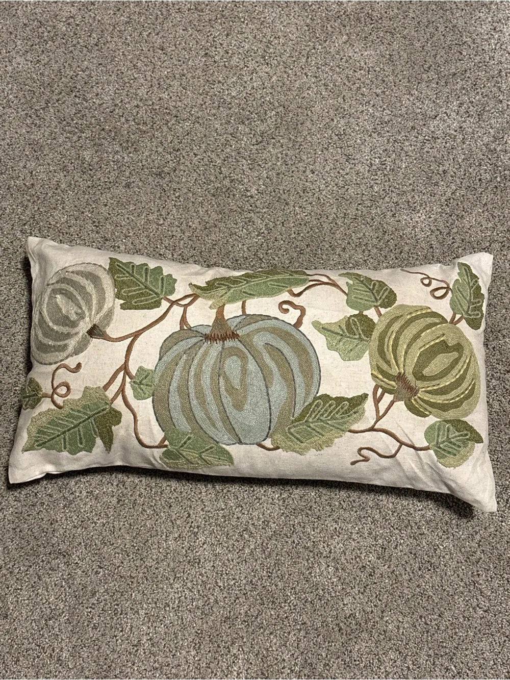 Pier 1 Embroidered Cream Pillow with Green and Blue Pumpkin Motif fall
